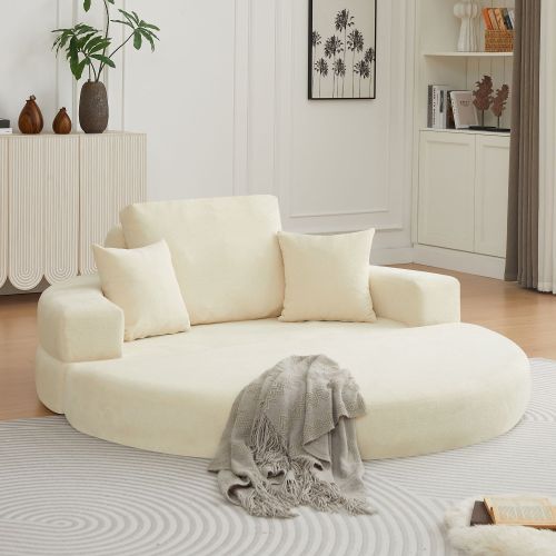 Minimalist living room with cream curved sofa