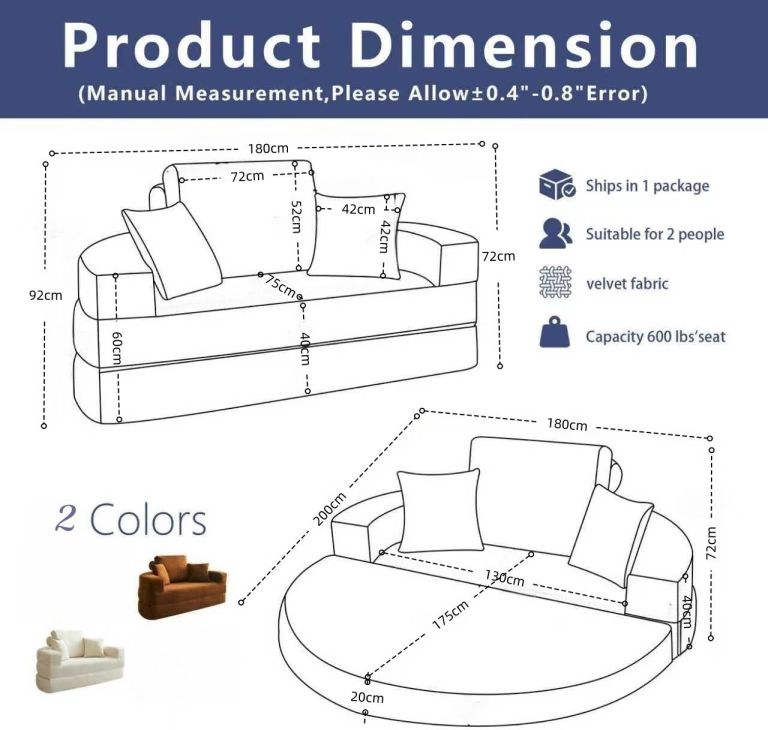 Curved sofa dimensions with measurements and features