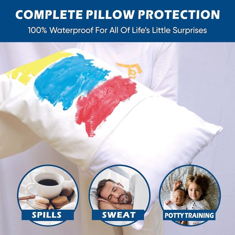 Waterproof pillow protector resisting colourful liquid spills