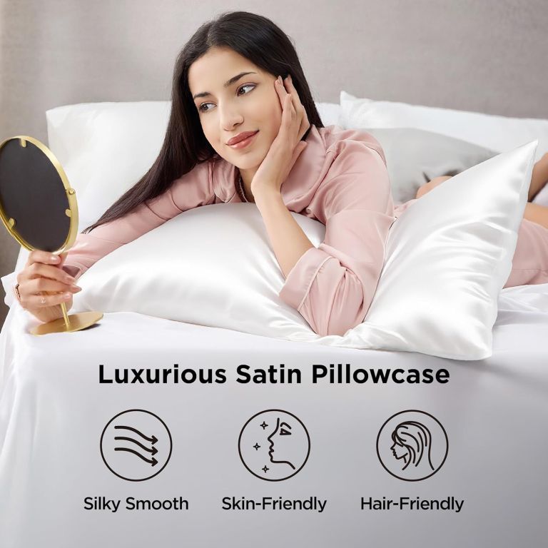silk pillowcase for hair and skin mulberry silk pillowcase soft breathable smooth both sided natural silk pillowcase with envelope pocket beauty sleep silk pillow case for gift (2 pack, standard, white) Woman relaxing on luxurious satin pillowcase holding mirror