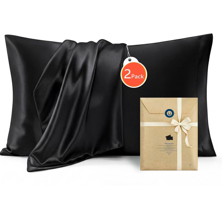 Black satin pillowcases two-pack with gift packaging
