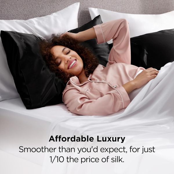 silk pillowcase for hair and skin mulberry silk pillowcase soft breathable smooth both sided natural silk pillowcase with envelope pocket beauty sleep silk pillow case for gift (2 pack, standard, black) Woman relaxing on black satin pillowcases in bed