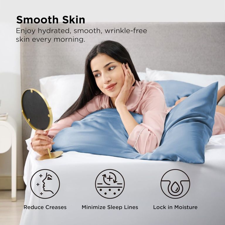 silk pillowcase for hair and skin mulberry silk pillowcase soft breathable smooth both sided natural silk pillowcase with envelope pocket beauty sleep silk pillow case for gift (2 pack, standard, sea blue) Woman admiring smooth skin on satin pillowcase