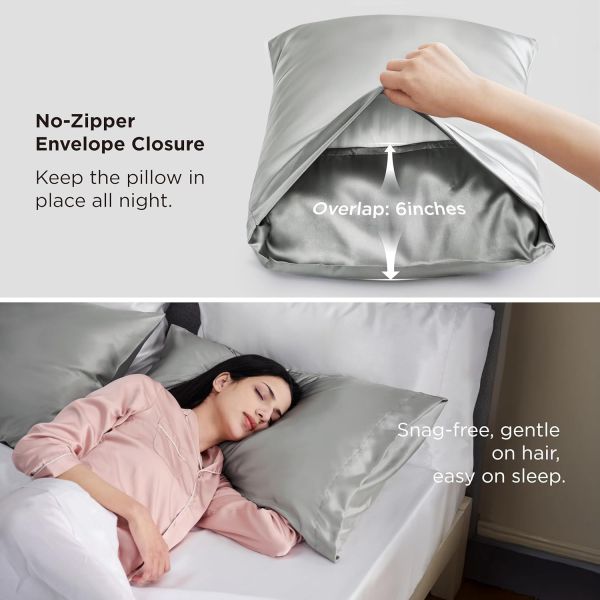 Silk pillowcase with envelope closure and sleeping woman
