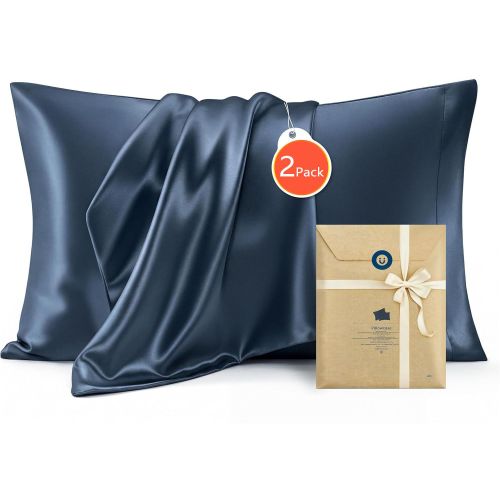 Navy satin pillowcases two pack with gift packaging