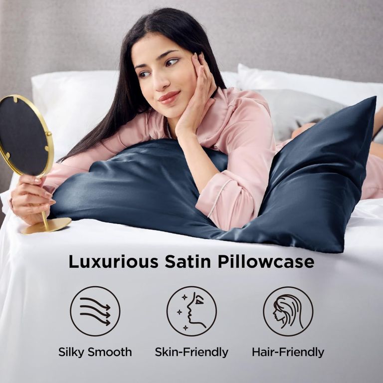 silk pillowcase for hair and skin mulberry silk pillowcase soft breathable smooth both sided natural silk pillowcase with envelope pocket beauty sleep silk pillow case for gift (2 pack, standard, navy) Woman relaxing on bed with satin pillowcase