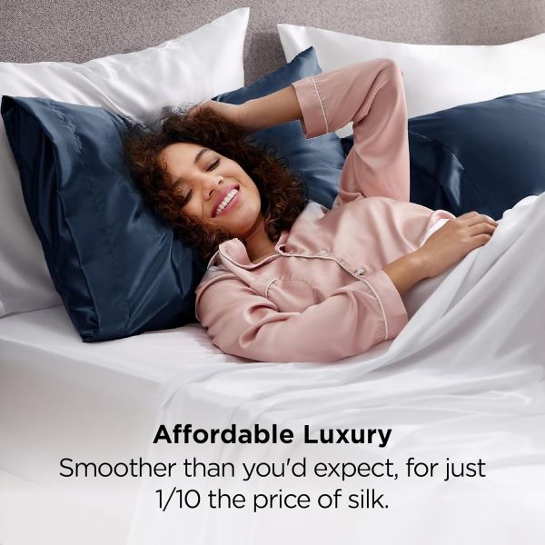silk pillowcase for hair and skin mulberry silk pillowcase soft breathable smooth both sided natural silk pillowcase with envelope pocket beauty sleep silk pillow case for gift (2 pack, standard, navy) Woman relaxing on bed with satin bedding