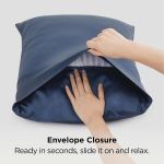 silk pillowcase for hair and skin mulberry silk pillowcase soft breathable smooth both sided natural silk pillowcase with envelope pocket beauty sleep silk pillow case for gift (2 pack, standard, navy) Hands inserting pillow into blue envelope pillowcase