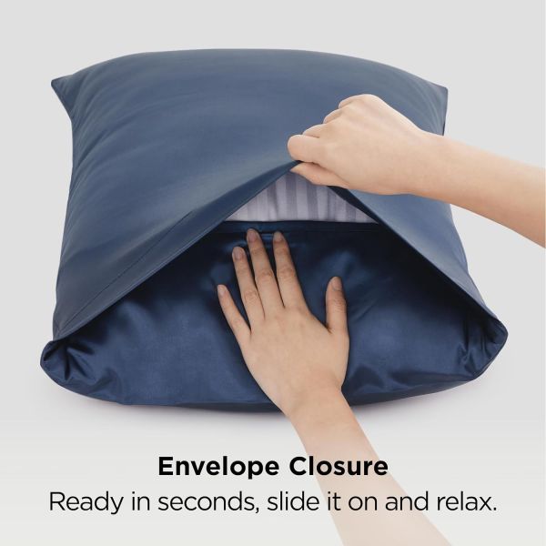 silk pillowcase for hair and skin mulberry silk pillowcase soft breathable smooth both sided natural silk pillowcase with envelope pocket beauty sleep silk pillow case for gift (2 pack, standard, navy) Hands inserting pillow into blue envelope pillowcase