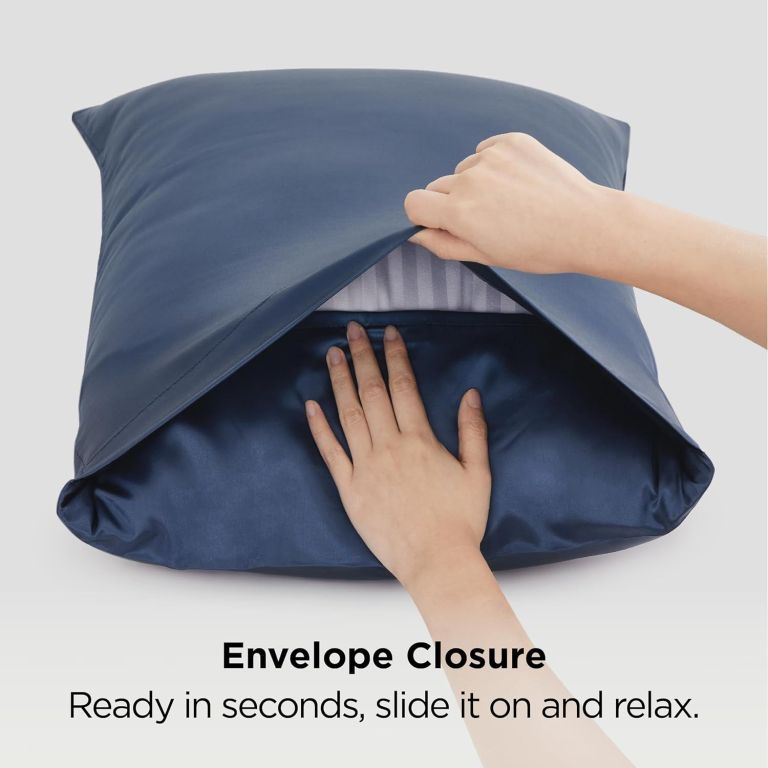 silk pillowcase for hair and skin mulberry silk pillowcase soft breathable smooth both sided natural silk pillowcase with envelope pocket beauty sleep silk pillow case for gift (2 pack, standard, navy) Hands inserting pillow into blue envelope pillowcase