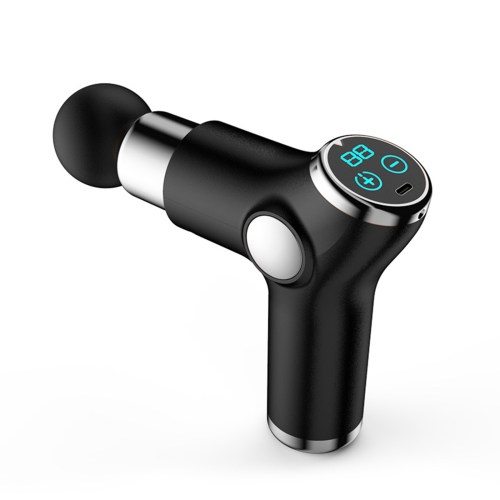 Black handheld percussion massage gun with digital display