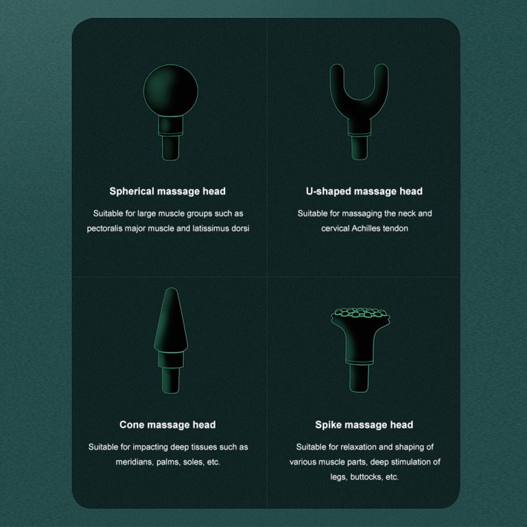 Four interchangeable massage gun heads with descriptions