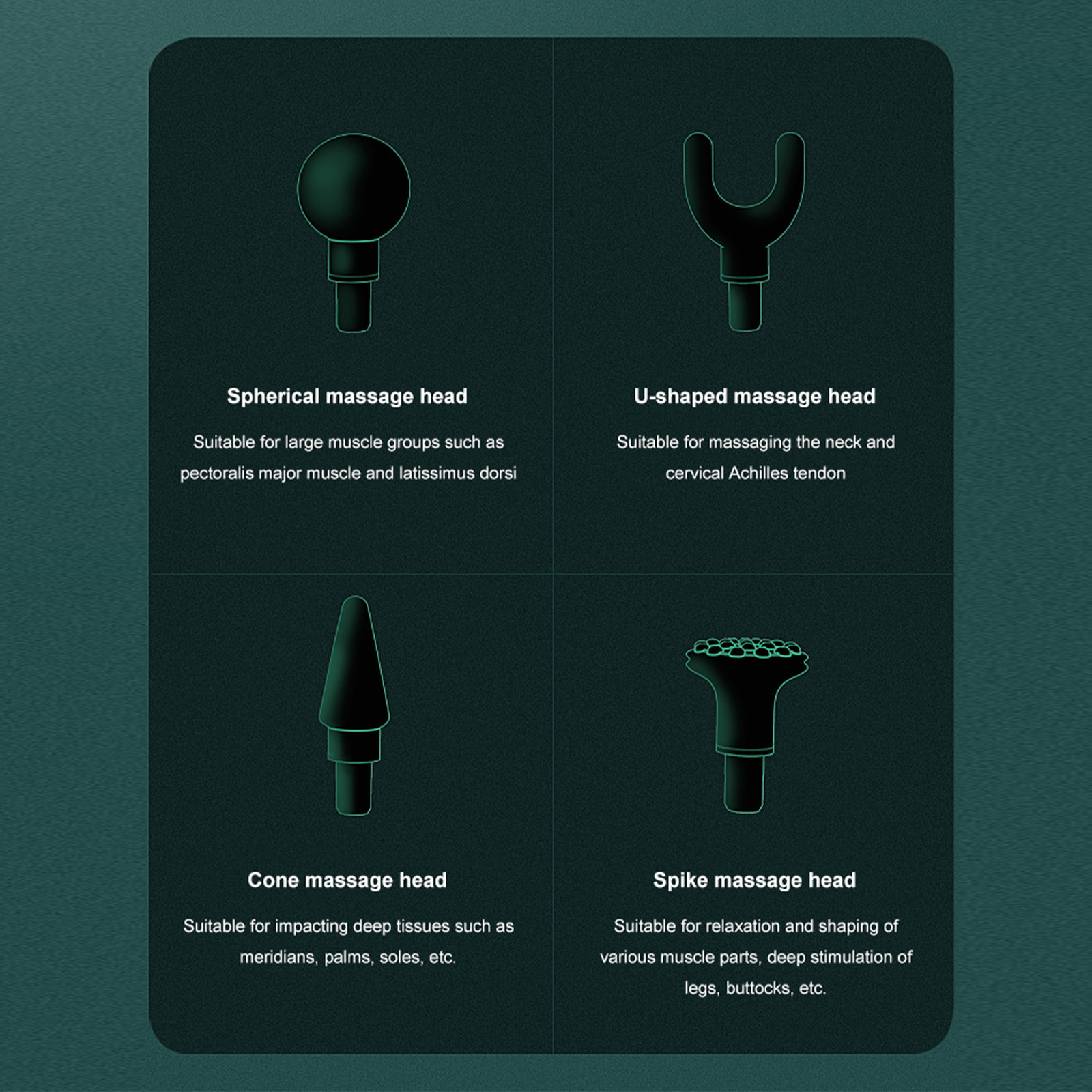 Four interchangeable massage gun heads with descriptions