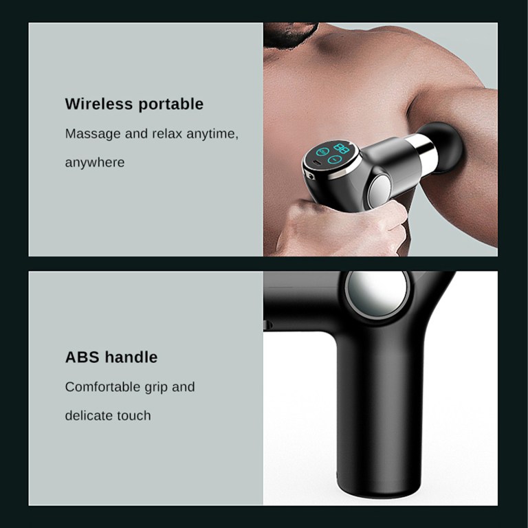 Wireless handheld massage gun on shoulder muscle