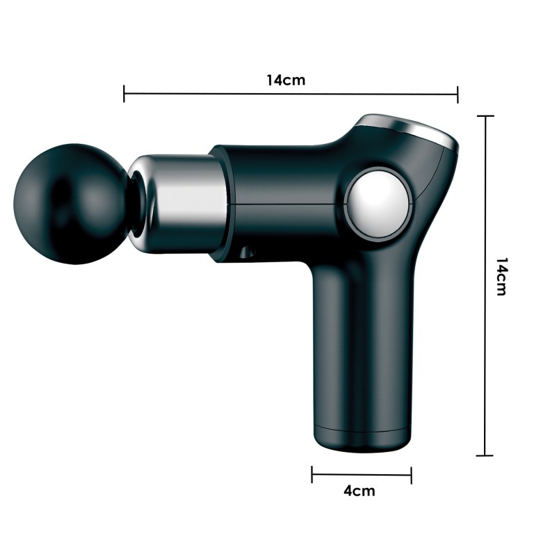 Compact black massage gun with dimensions shown