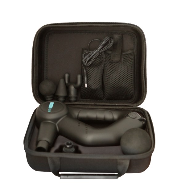 fitsmart pro vibration therapy massage device black and white Massage gun kit in open carry case