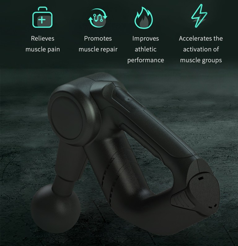 Massage gun with muscle recovery benefits listed