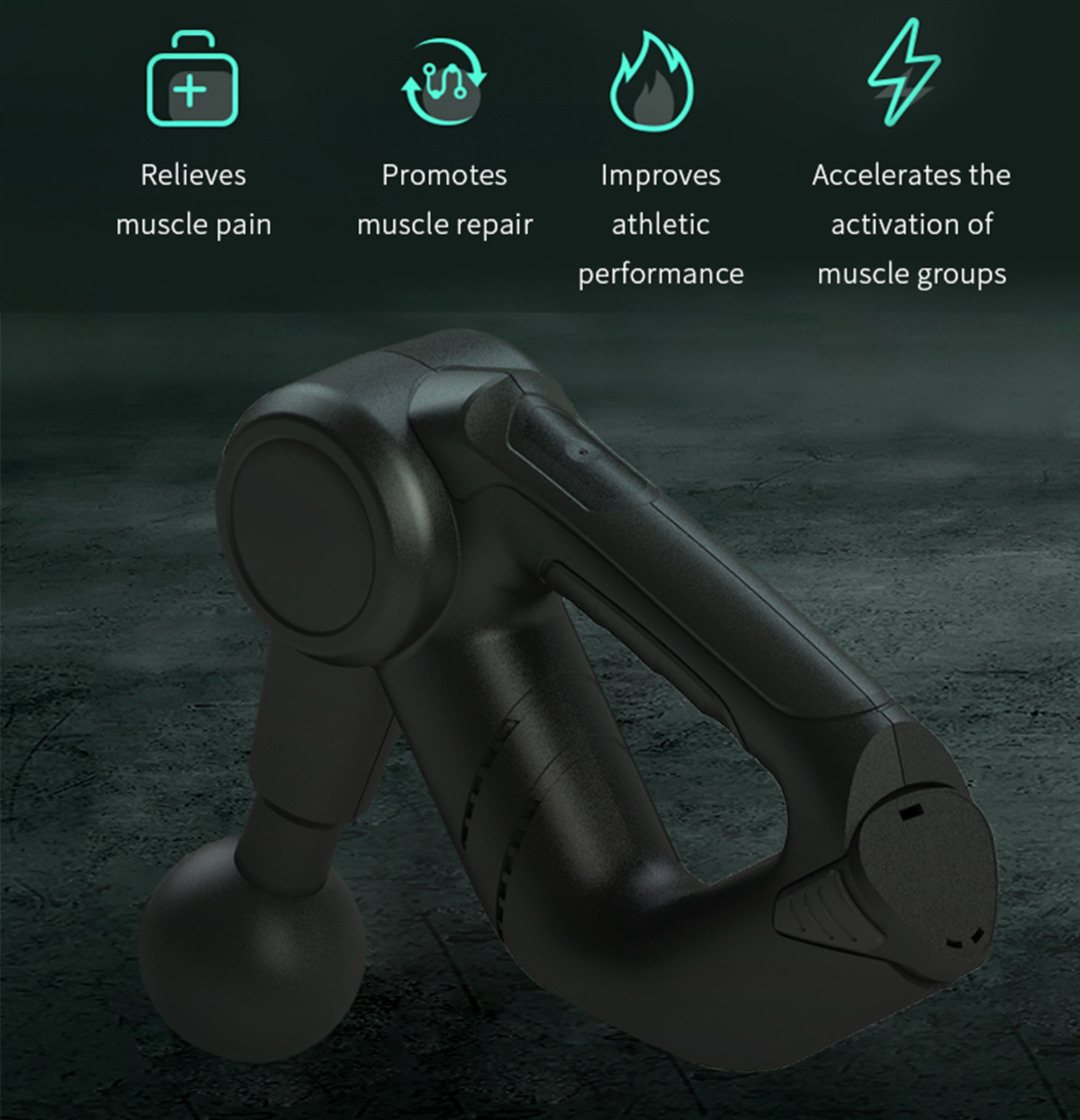 Massage gun with muscle recovery benefits listed