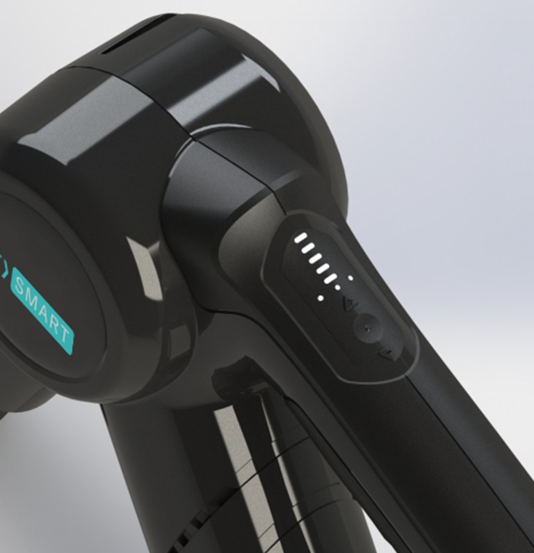 Close-up of black smart vacuum handle controls