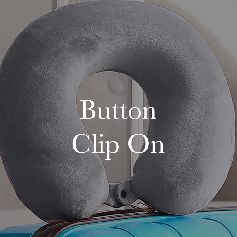 Grey travel neck pillow with button clip