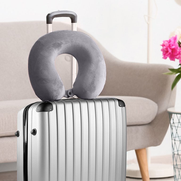 milano decor memory foam travel neck pillow with clip cushion support soft grey Grey travel neck pillow on silver suitcase