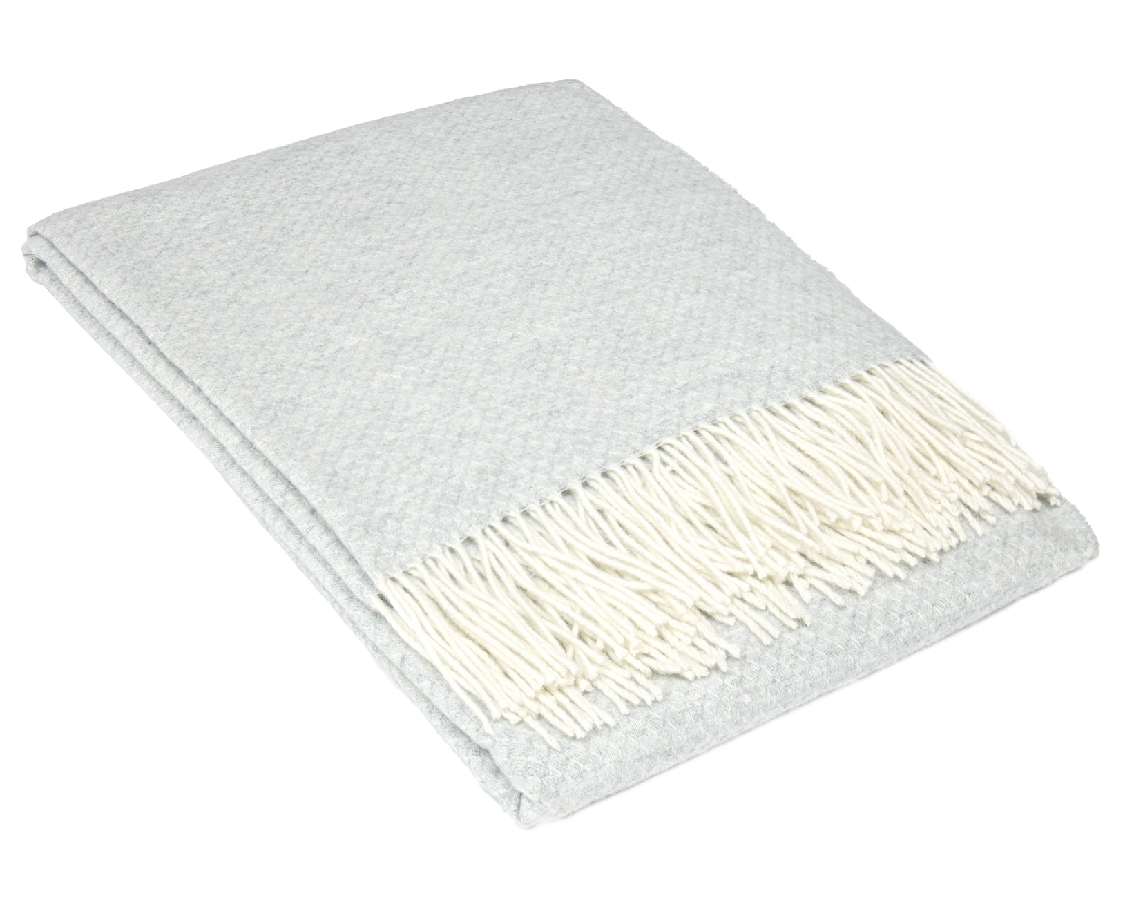 Light grey throw blanket with white fringe