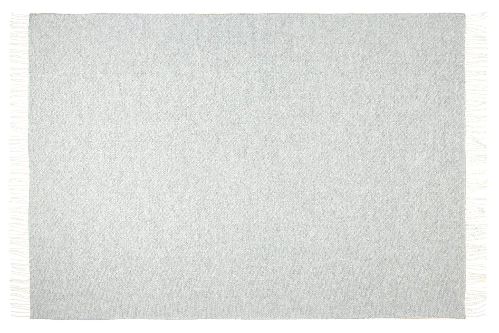 Light grey textured rug with fringe edges