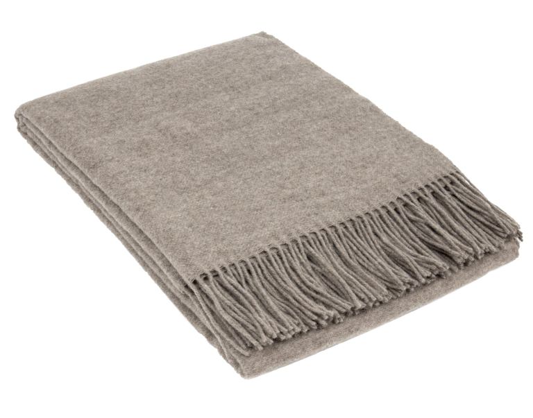 Folded grey wool blanket with fringed edge