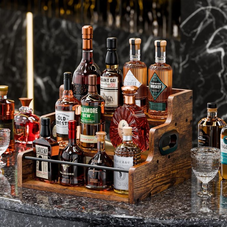 carla home 3 tier liquor bottle display shelf rack bar organizer for whiskey, wine, coffee syrups, spirits & bottles Wooden caddy filled with assorted whisky bottles
