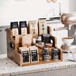 carla home 3 tier liquor bottle display shelf rack bar organizer for whiskey, wine, coffee syrups, spirits & bottles Wooden coffee station organiser beside espresso machine