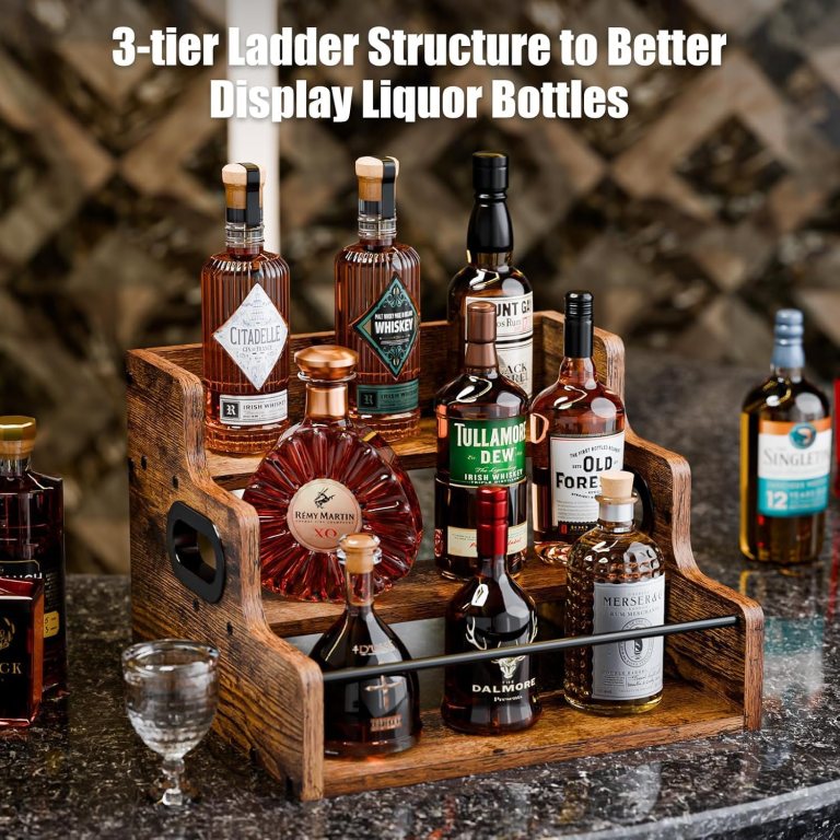 carla home 3 tier liquor bottle display shelf rack bar organizer for whiskey, wine, coffee syrups, spirits & bottles Three-tier wooden stand displaying assorted liquor bottles