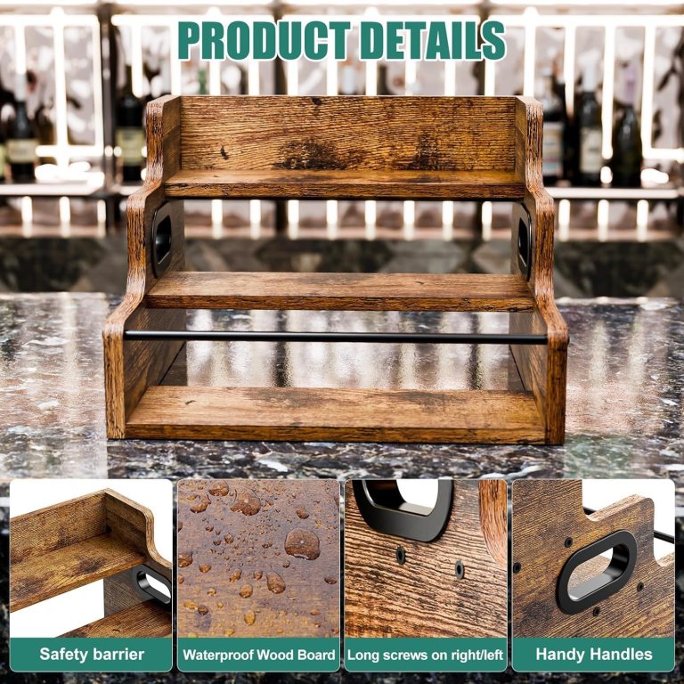 carla home 3 tier liquor bottle display shelf rack bar organizer for whiskey, wine, coffee syrups, spirits & bottles Rustic wooden two-tier countertop organiser with handles