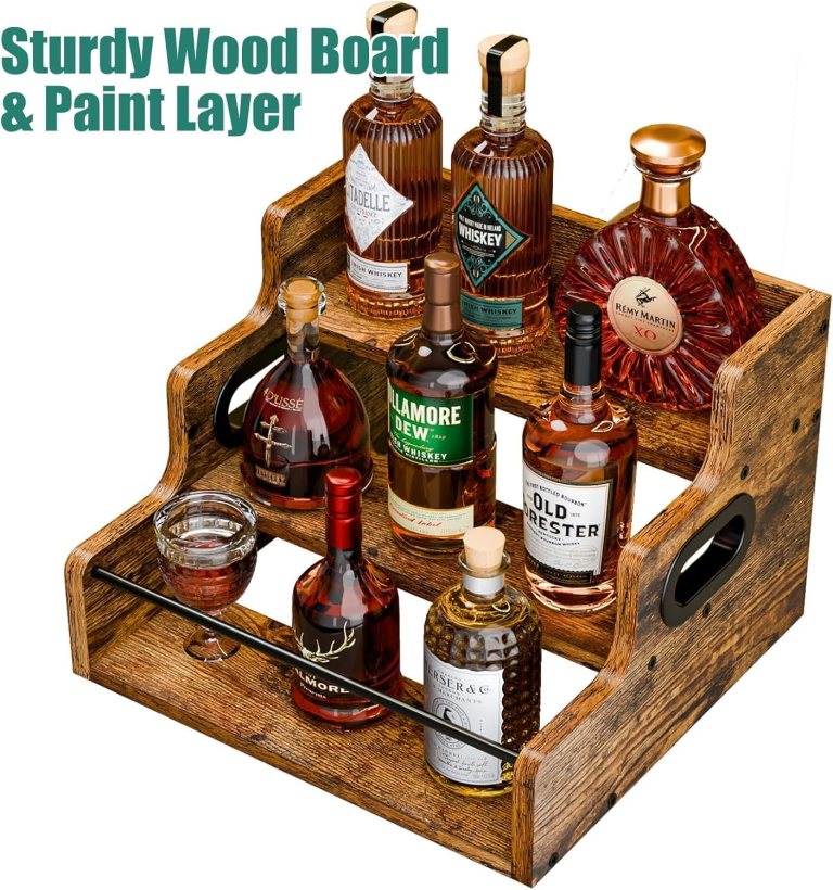 carla home 3 tier liquor bottle display shelf rack bar organizer for whiskey, wine, coffee syrups, spirits & bottles Two-tier wooden liquor rack with whisky bottles