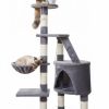 Two cats on grey multi-level cat tree