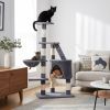 Three cats lounging on grey cat tree