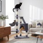 carla home 120cm cat tree for indoor cats with condo, hammock & plush perchfor for kittens & adult cats Three cats lounging on grey cat tree