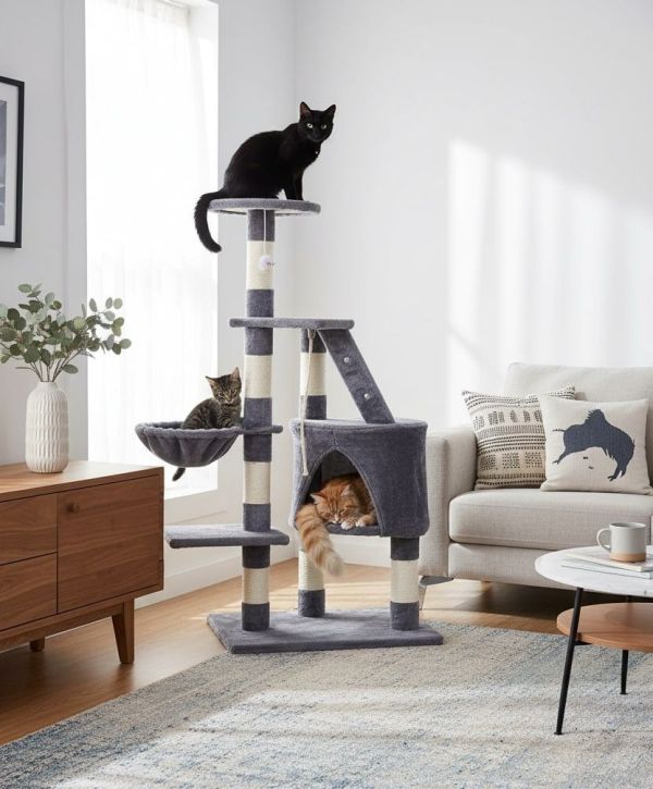 Three cats lounging on grey cat tree