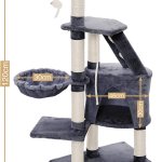 carla home 120cm cat tree for indoor cats with condo, hammock & plush perchfor for kittens & adult cats Grey multi-level cat tree with dimensions labelled