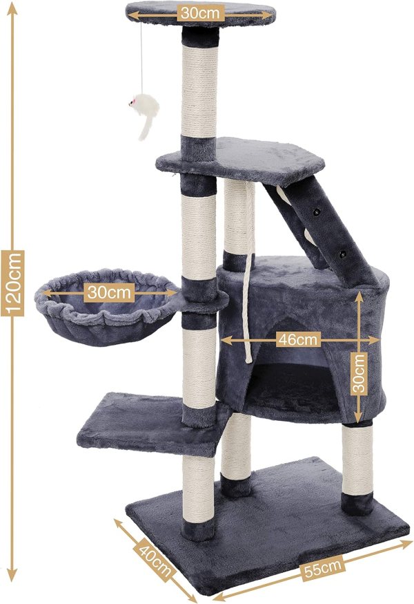 Grey multi-level cat tree with dimensions labelled