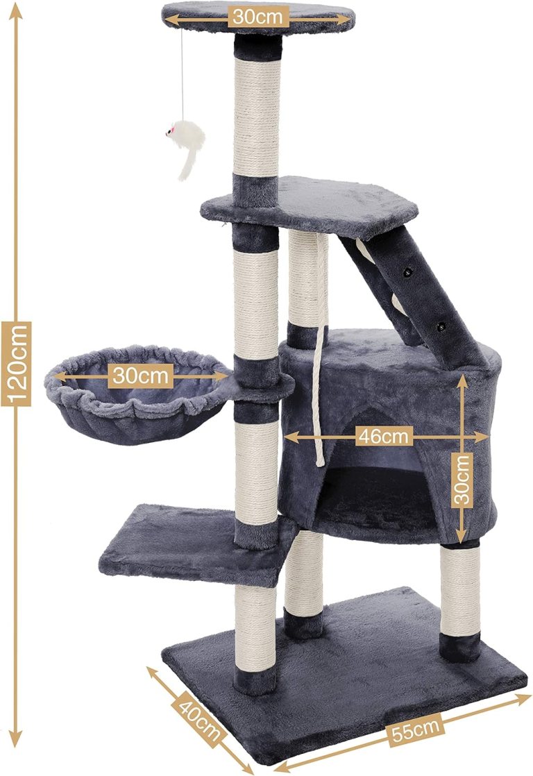 carla home 120cm cat tree for indoor cats with condo, hammock & plush perchfor for kittens & adult cats Grey multi-level cat tree with dimensions labelled