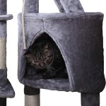 carla home 120cm cat tree for indoor cats with condo, hammock & plush perchfor for kittens & adult cats Tabby cat inside grey plush cat tree cubby