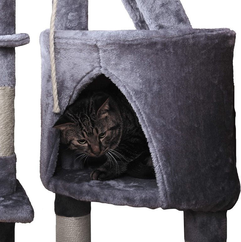 carla home 120cm cat tree for indoor cats with condo, hammock & plush perchfor for kittens & adult cats Tabby cat inside grey plush cat tree cubby