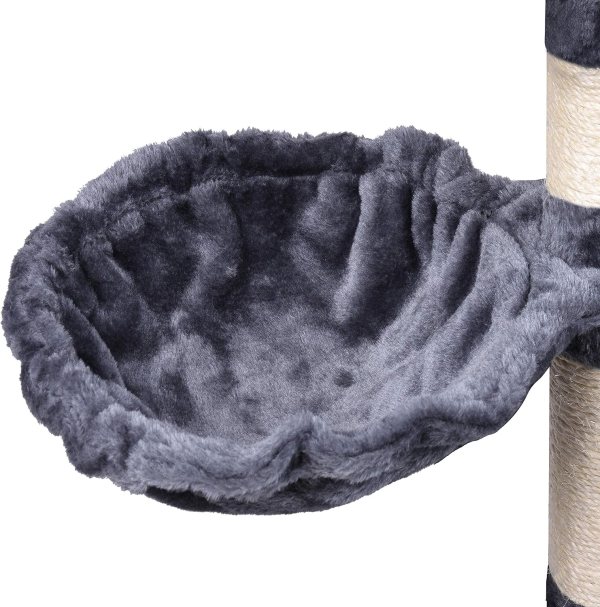Grey plush cat hammock on scratching post
