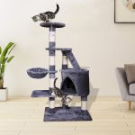 carla home 120cm cat tree for indoor cats with condo, hammock & plush perchfor for kittens & adult cats Two cats playing on multi-level cat tree