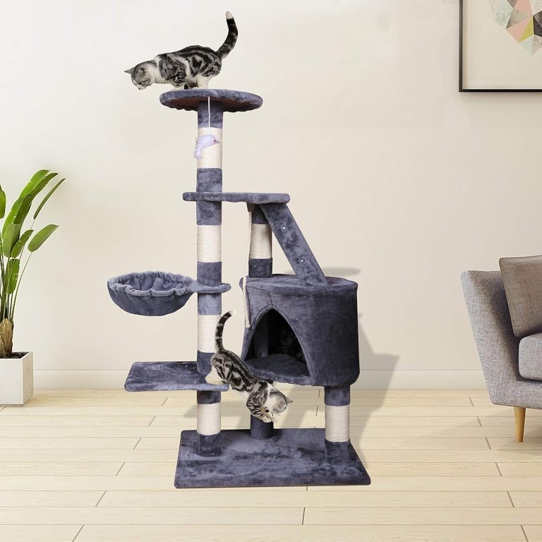 carla home 120cm cat tree for indoor cats with condo, hammock & plush perchfor for kittens & adult cats Two cats playing on multi-level cat tree