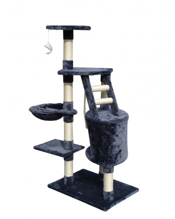 Multi-level blue plush cat tree with scratching posts