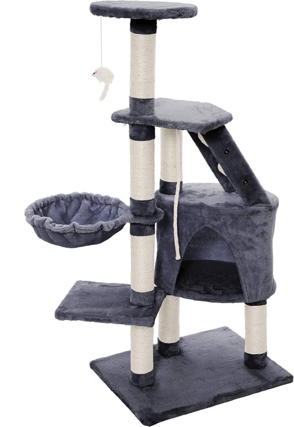 Grey multi-level cat tree with scratching posts