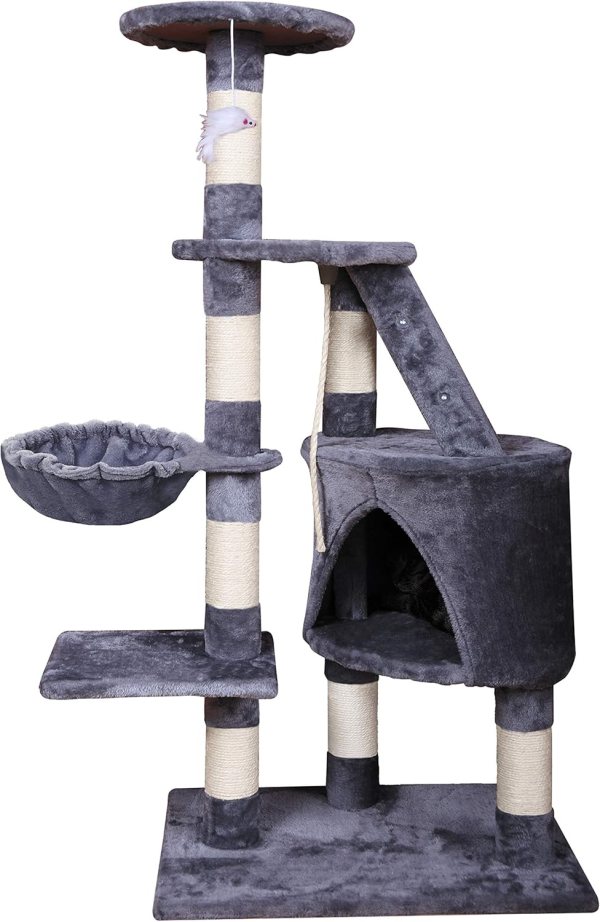 Grey multi-level cat tree with scratching posts