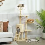 Four cats lounging on beige cat tree