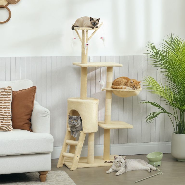 Four cats lounging on beige cat tree